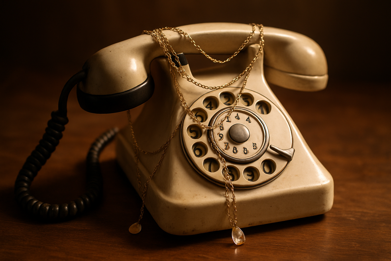 Necklace wrapped around a rotary phone